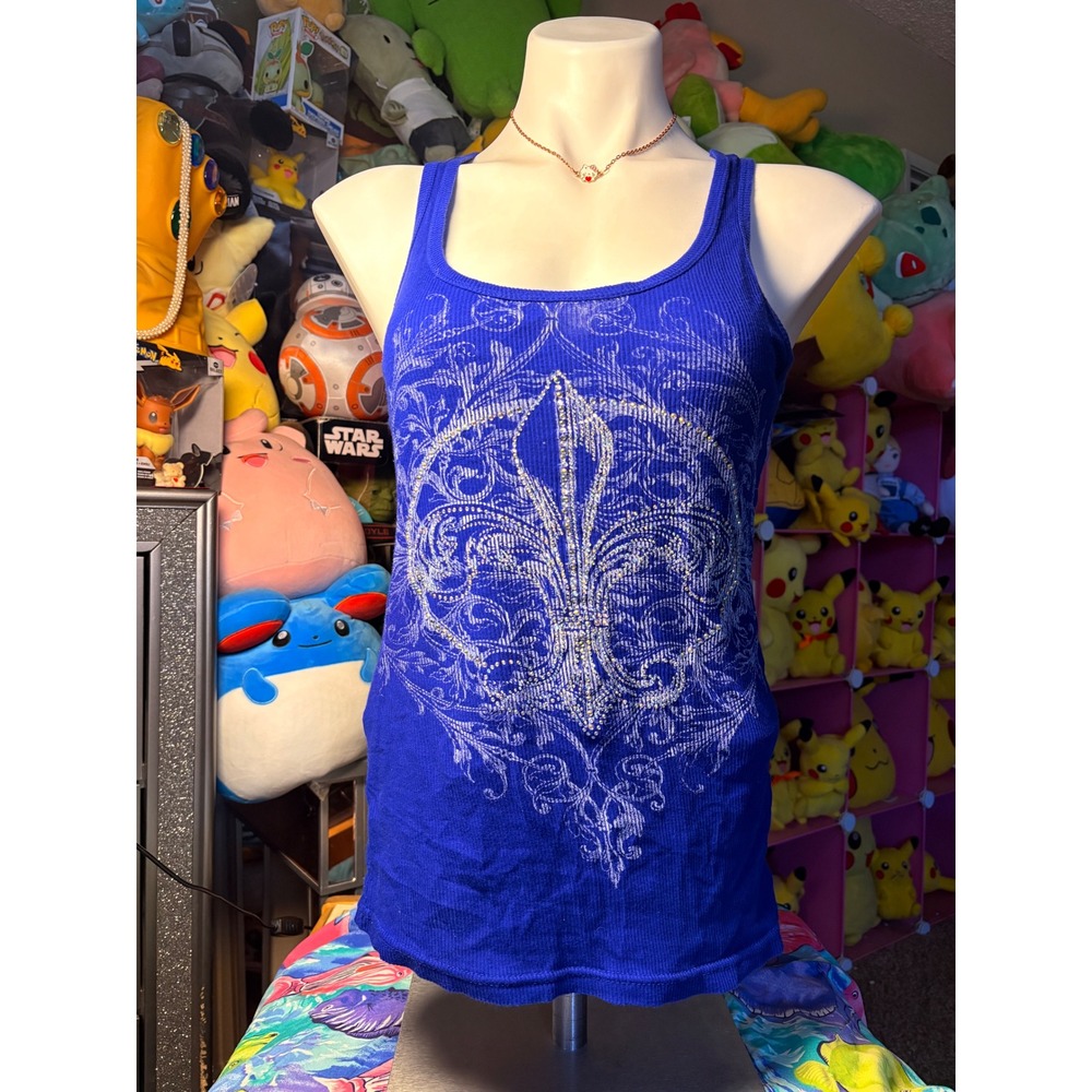 Y2K Grunge Zona Libre Blue Rhinestone Wing Graphic Ribbed Tank Top Large Y2K #5